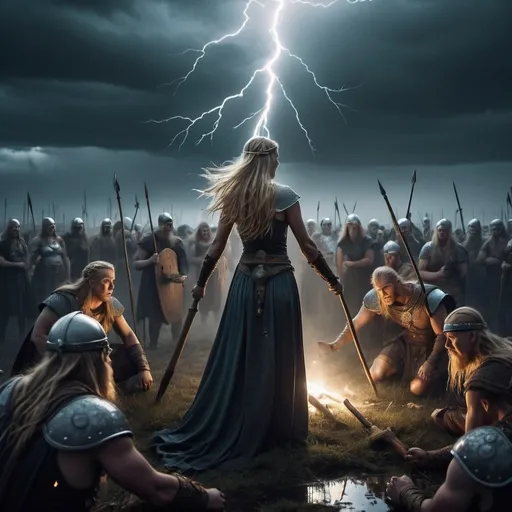 Prompt: a goddess casts a spell upon the fallen warriors after a battle, spooky glow around the dead , nordic viking age, battlefield, grim light, dark sky, marshes, lightning