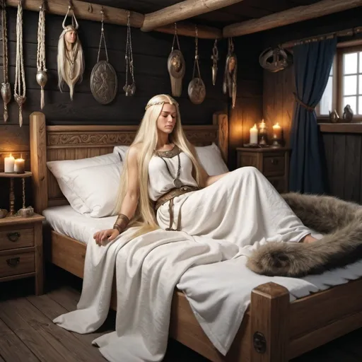 Prompt: sleeping nordic godess with long blonde hair.  on an osseberg style bed.  A nordic black haired god stands behind the bed and tries to steel her necklace. Clothing is viking age. show the entire room. realistic image