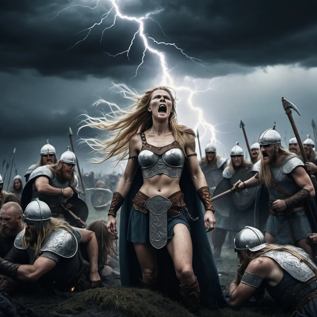 Prompt: a goddess wakes up the death warriors after a battle, nordic viking age, battlefield, grim lightning, dark sky