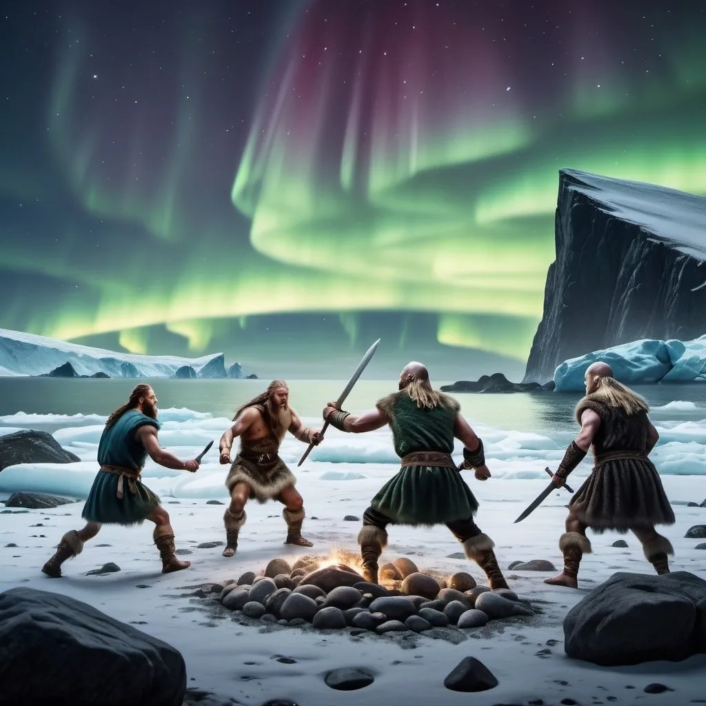 Prompt: realistic image of a battle between 1 viking and 3 natives on a stoney beach in greenland around the year 1000.  aurora borealis clear night