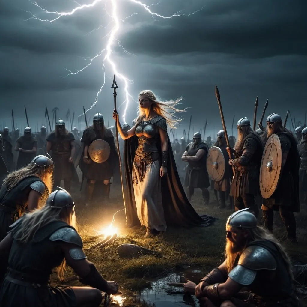 Prompt: a goddess casts a spell upon the fallen warriors after a battle, spooky glow around the dead , warriors have many wounds,nordic, viking age, battlefield, grim light, dark sky, marshes, lightning