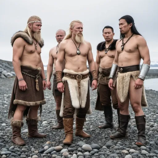 Prompt: a single blonde viking stumbles upon 3 male native ethnic eskimo chiefs on a stony beach in the northern arctic region. Viking stands on the left side of the image. eskimo chiefs on the rigjt side. 
viking age. fear and hatred in faces
