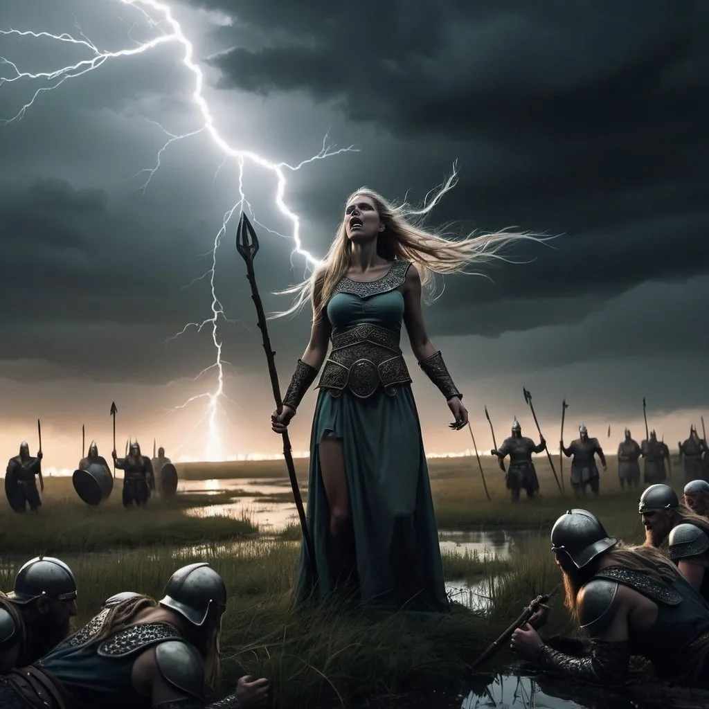 Prompt: a goddess cast a spell upon the fallen warriors after a battle, eery glow around the dead, nordic viking age, battlefield, grim light, dark sky, marshes, lightning