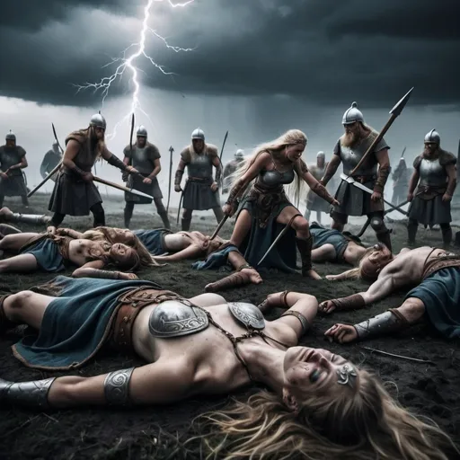 Prompt: a goddess wakes up the dead warriors after a battle, dead warriors lying on the ground, a few are getting up, nordic viking age, battlefield, grim lightning, dark sky