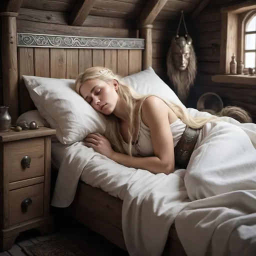 Prompt: a sleeping nordic godess with long blonde hair. The goddess is sleeping on a osseberg style bed.  a nordic black haired god is sneaking toward the bed in order to steel her necklace. Clothing is viking age. realistic image