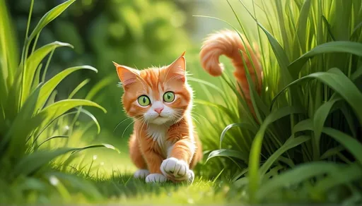 Prompt: An orange cat gently places its front paw on soft green grass, taking its first step outside. The cat’s paw, with delicate fur and extended claws, lightly touches the vibrant green blades that bend under its weight. The surrounding scene is illuminated with warm sunlight, casting soft shadows and highlighting the fresh, dewy grass. The focus is on the paw, capturing the cautious yet curious step as the cat ventures further into the garden. The background shows blurred greenery, enhancing the cozy outdoor atmosphere