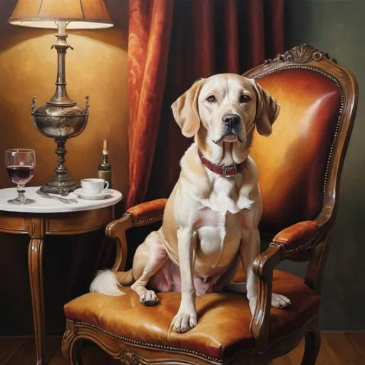 Prompt: Detailed, realistic oil painting of a patient and elegant dog sitting on a vintage chair, warm and inviting dinner setting, rich colors and textures, fine brushwork, high-quality, realistic, elegant, patient dog, vintage chair, warm, inviting, rich colors, textures, fine brushwork, dinner setting