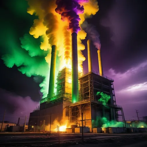 Prompt: (radium power plant explosion), glowing greens and yellows, swirling intense smoke filled with radiant energy, contrasted against (dark, ominous sky), conveying a sense of powerful energy release, ultra-detailed, immersive atmosphere, captivating visuals, dynamic motion capture, flames bursting, ethereal light effects, high intensity, dramatic tension. and a lot of bright purple and black fire with green and orange smoke 
and radio active background with radio active materials everywhere 