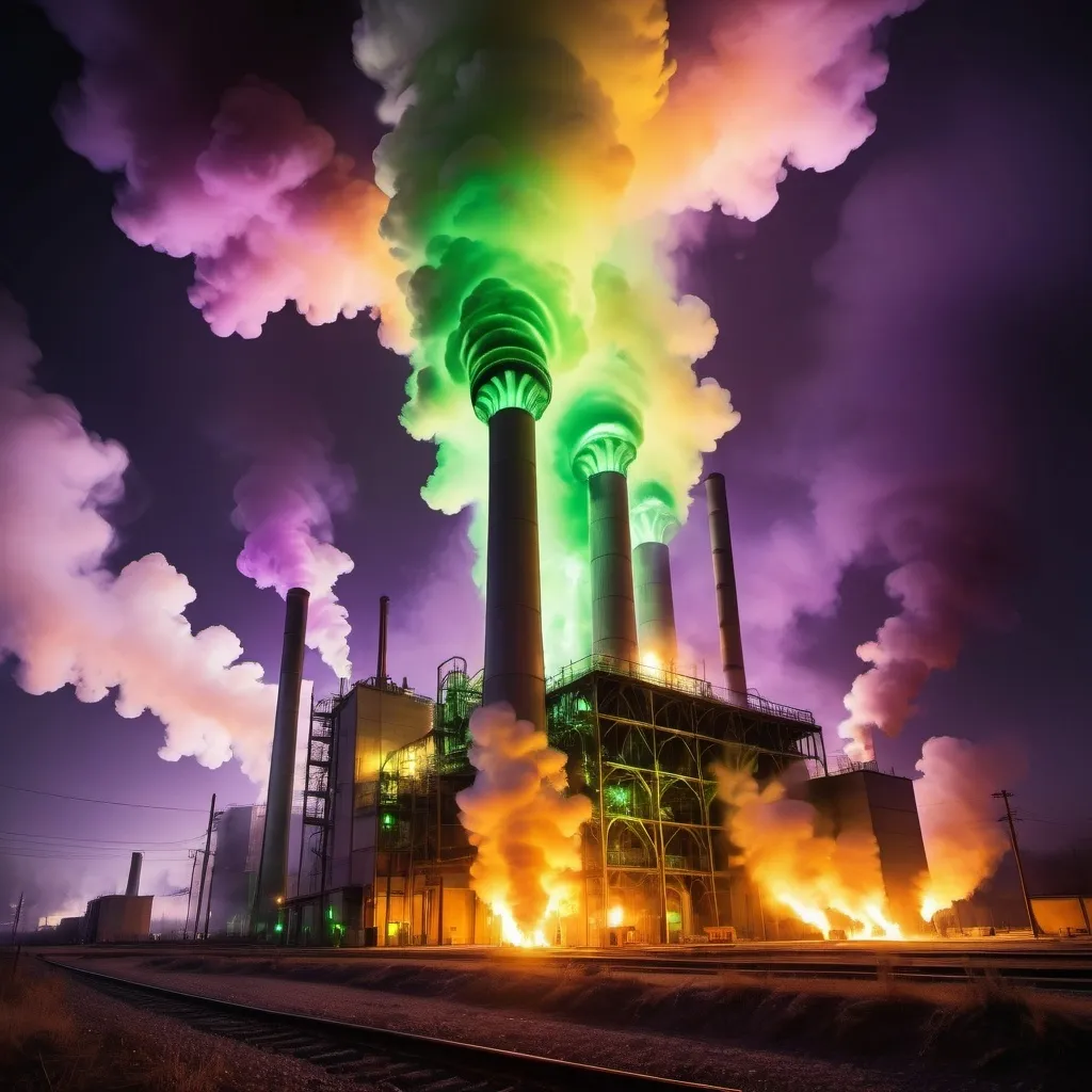 Prompt: (radium power plant explosion), glowing greens and yellows, swirling intense smoke filled with radiant energy, contrasted against (dark, ominous sky), conveying a sense of powerful energy release, ultra-detailed, immersive atmosphere, captivating visuals, dynamic motion capture, flames bursting, ethereal light effects, high intensity, dramatic tension. and a lot of bright purple and black fire with green and orange smoke 
and radio active background with radio active barrels everywhere 