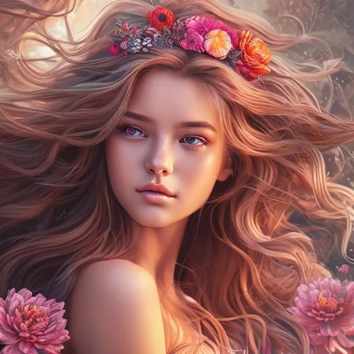 Prompt: Detailed illustration of a beautiful girl with flowing hair, vibrant and lifelike portrait, oil painting, captivating eyes, floral headband, flowing dress, high quality, realism, colorful, soft lighting