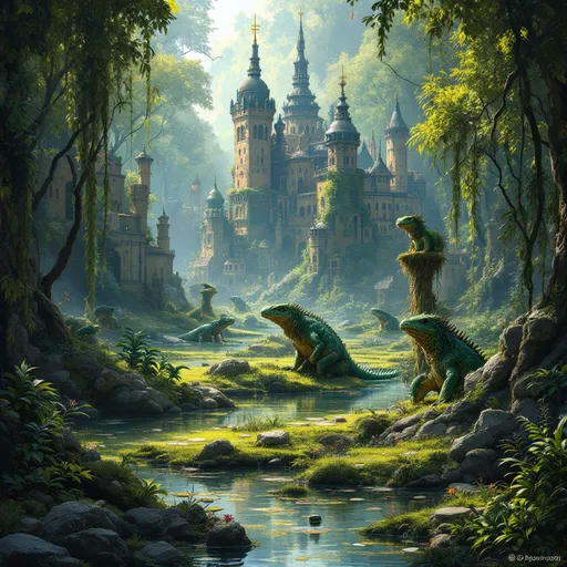 Prompt: A beautiful swamp community filled with lizardfolk filled with a city in it
