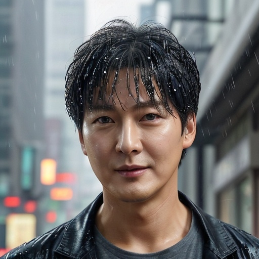 Prompt: Actor Lee Min-Ho at 48 years old is staring intensely at the camera having been walking in the street during the rain. His hair is slightly grey with age. He is in a close-up shot.