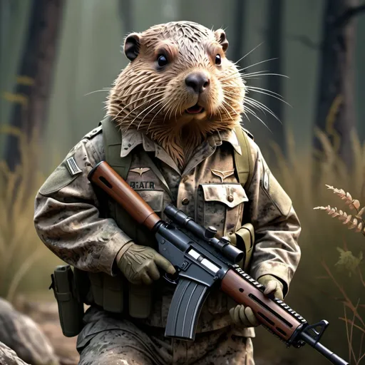 Prompt: Military beaver, digital illustration, camouflaged uniform, carrying a rifle, determined expression, rugged terrain, high quality, detailed digital art, realistic, natural tones, intense lighting