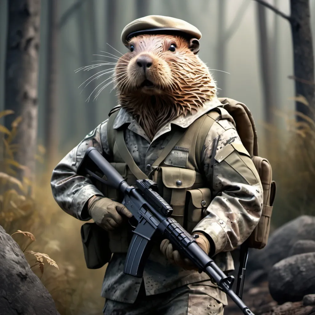 Prompt: Military beaver, digital illustration, camouflaged uniform, carrying a rifle, determined expression, rugged terrain, high quality, detailed digital art, realistic, natural tones, intense lighting