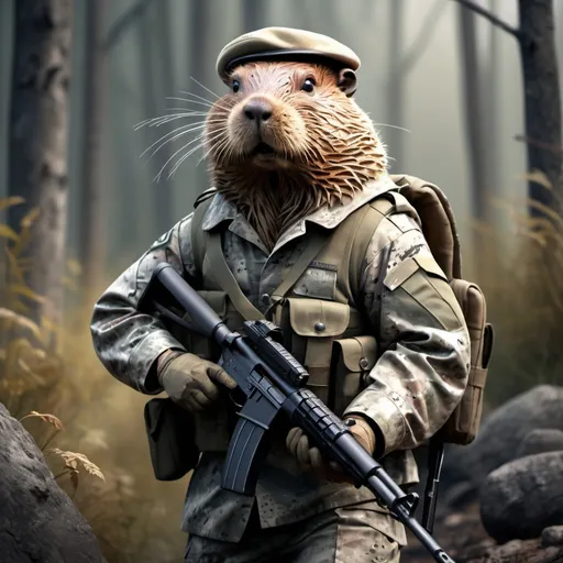 Prompt: Military beaver, digital illustration, camouflaged uniform, carrying a rifle, determined expression, rugged terrain, high quality, detailed digital art, realistic, natural tones, intense lighting