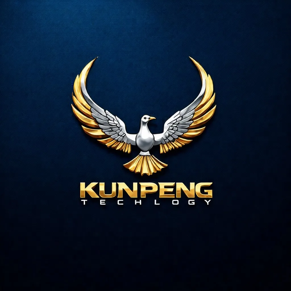 Prompt: Detailed logo design for KunPeng Technology, incorporating the concept of 'Qian Kun' (the universe) and a majestic Peng bird with outstretched wings, professional, modern, sleek design, highres, meaningful symbolism, seamless integration of Qian Kun and majestic Peng bird, high-tech, futuristic, metallic sheen, impactful, powerful imagery, gold and silver tones, precise and intricate details, best quality, Chinese it up a bit. more 不要形似，要神似
