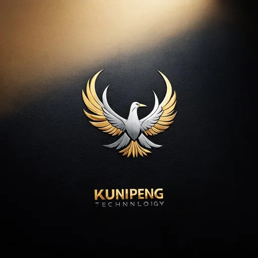 Prompt: Detailed logo design for KunPeng Technology, incorporating the concept of 'Qian Kun' (the universe) and a majestic Peng bird with outstretched wings, professional, modern, sleek design, highres, meaningful symbolism, seamless integration of Qian Kun and majestic Peng bird, high-tech, futuristic, metallic sheen, impactful, powerful imagery, gold and silver tones, precise and intricate details, best quality