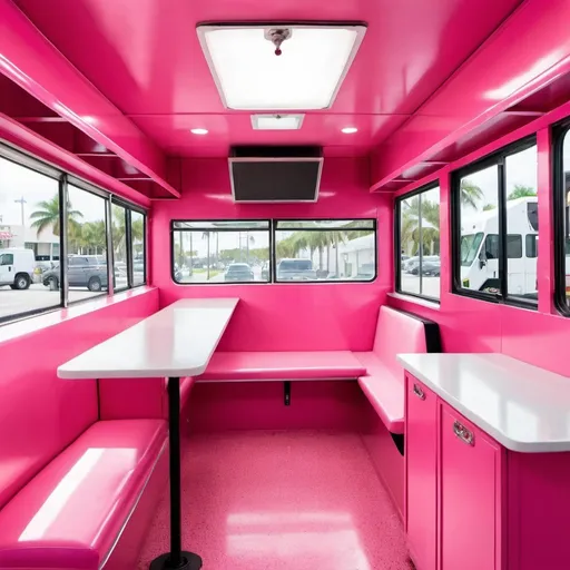 Prompt: give me a picture of an inside of a healthy food truck in Miami which is pink themed and asthetlic
