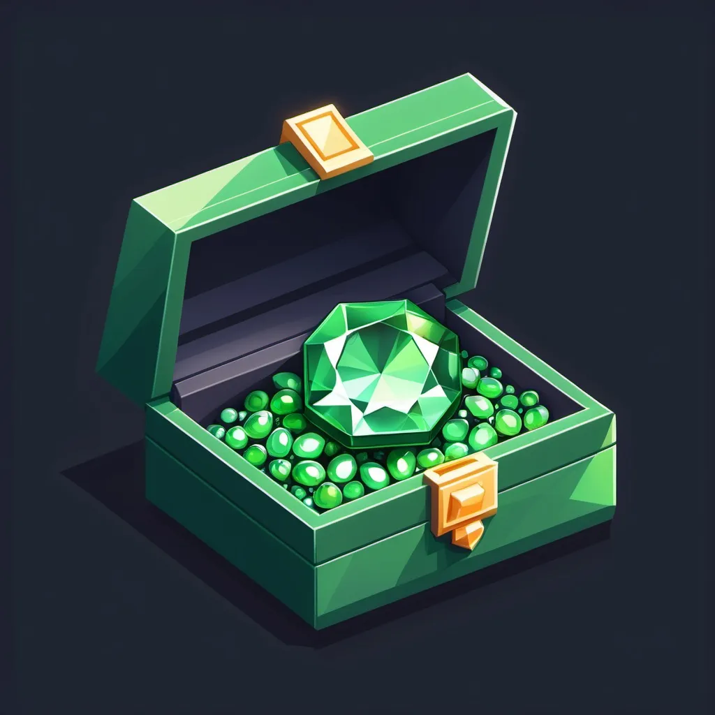 Prompt: An open jewelry box filled with green gems., pixel art icon