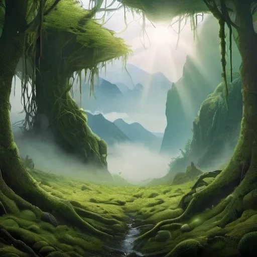 Prompt: foreground is a green forest with moss floor and vines, rays of sunlight is present.background is treacherous mountains, all shrouded with a mysterious mist