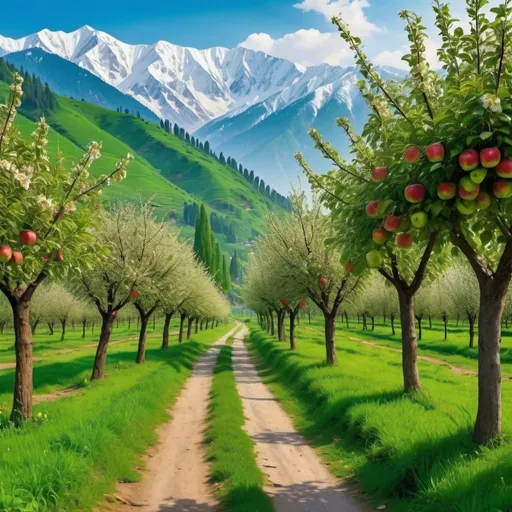 Prompt: Kashmiri road from hill  apple farms in background 