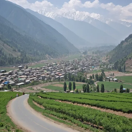 Prompt: Kashmir valley road and apple farms in background 