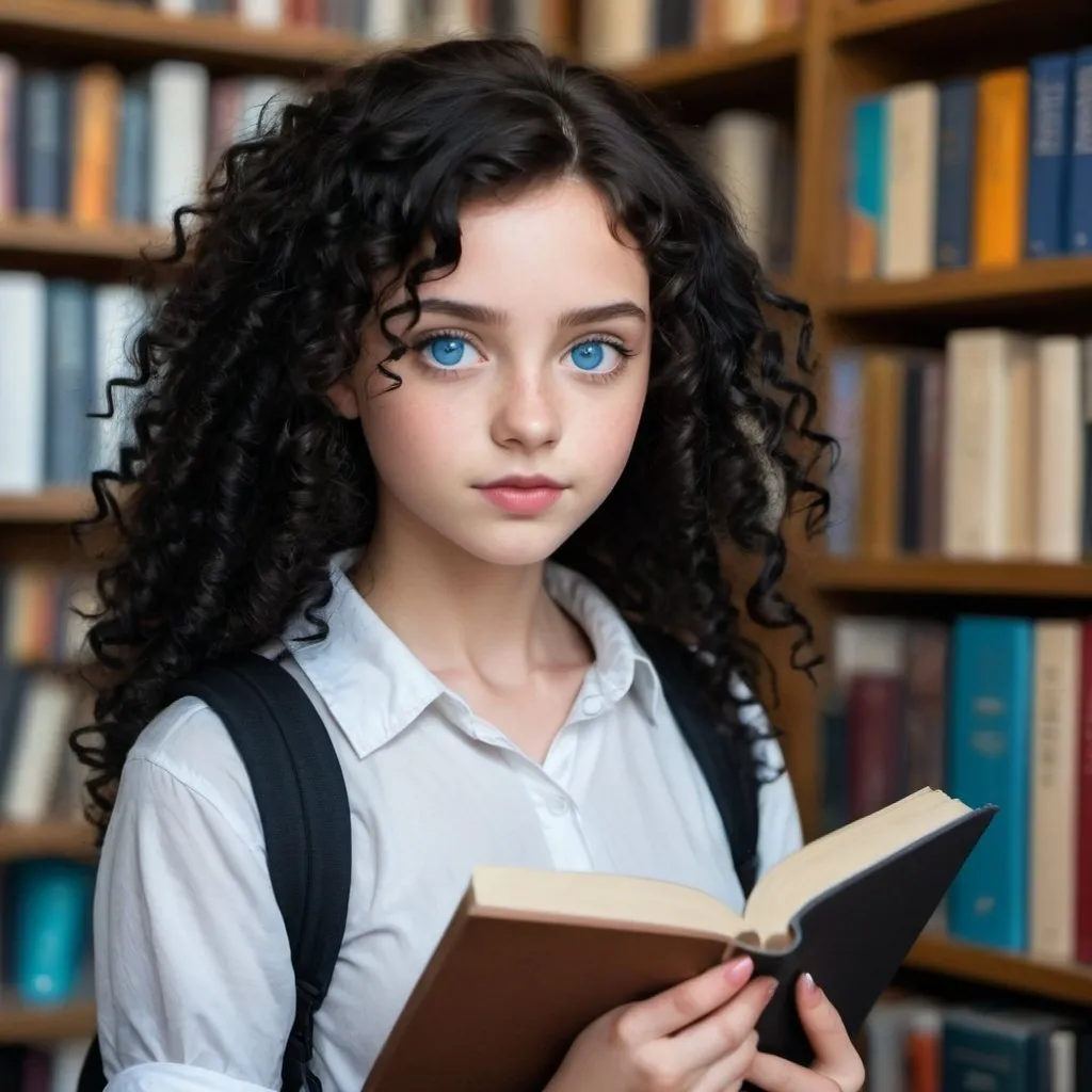 Prompt: A beautiful girl with blue eyes and curly black hair. The girl is a young girl who dresses fresh and carries a book and a pen. She is a strong and beautiful writer. Her background is a bookstore.i want her not a child