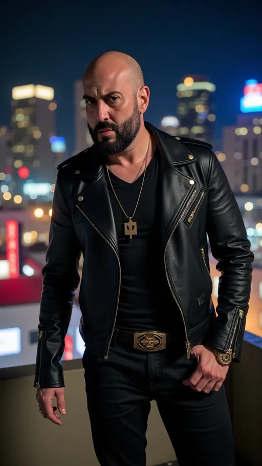 Prompt: @xuLVtwyDAXkQESogtL6G wearing black v neck t-shirt, black pants, Guccis belt, Rolex watch, gold chain with cross. Leather rocker jacket long sleeve 80s style, gothic style, rooftop in Los Angeles at night.