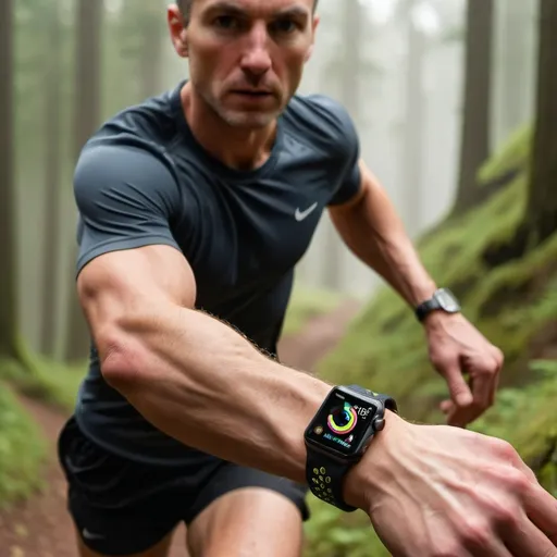 Prompt: Apple Watch Ultra clearly visible being worn by a male runner on trails.  Low aperture with watch in focus taking up the majority of the screen.  Studio lighting.  Only show one item on man's wrist. Show the watch face face up.  F 2.8   Only show one arm
   