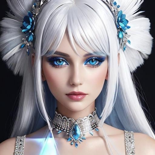 Prompt: A beautiful woman, white hair, blue eyes, blue eyeshadow, blue jewels o