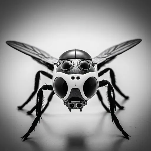 Prompt: Head on image of a fly with an FPV racing drone lens as its head in black-and-white