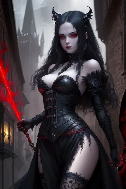 Prompt: masterpiece, best quality, extremely detailed, Tales of Mystery and Imagination, medieval cityscape, A girl and hellhound, dark side art, red eyes, dynamic pose, gothic fashion