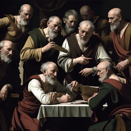 Prompt: Caravaggio-style oil painting, ancient Greek philosophers and soldiers, engaged in a passionate debate, gathered around a marble table. Their expressions reveal intensity and thoughtfulness. Scrolls and maps are spread elegantly across the table, highlighting the scholarly atmosphere. Dramatic chiaroscuro lighting emphasizes the depth of their features, creating a rich, historical ambiance. Ultra-detailed, capturing the essence of profound discussions in a timeless setting, evoking a sense of intellectual vigor.