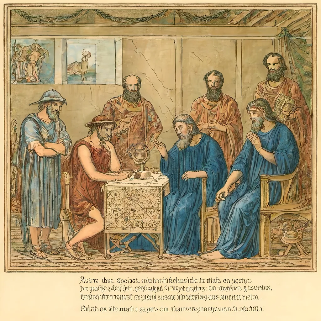 Prompt: Depict an ancient Greek agora public square where philosophers like Socrates, Plato, and Aristotle sit around a circular marble table.  Scrolls and maps are spread out on the table, symbolizing debates over territories and strategies.