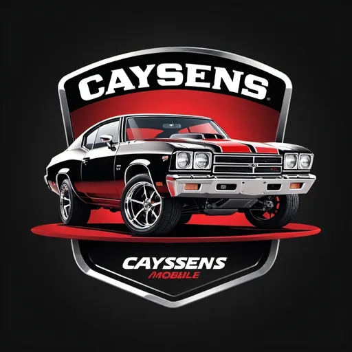 Prompt: (high quality logo for Caysens Mobile Auto Services), a black with white stripes 1969 Chevelle and a red 2022 Toyota Supra GR lifted in the air at the bottom, vibrant color tones, modern and professional, dramatic lighting, sleek design, bold typography, chrome and metallic accents, high-gloss finish, automotive theme,