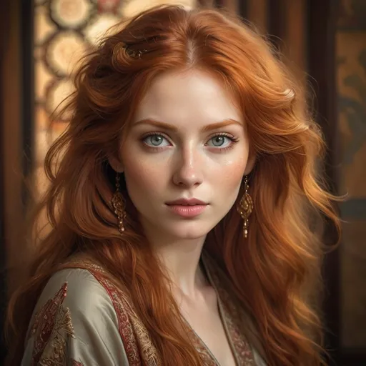 Prompt: (gorgeous portrait of a redheaded, grey-eyed woman), ethereal beauty, captivating expression, flowing hair, detailed facial features, adorned in elegant attire reflecting Persian, Russian, and Japanese influences, richly textured background, warm color tones, soft lighting, high detail, (ultra-detailed) atmosphere of serenity and strength, enchanting mix of cultures captured in style, evocative mood.