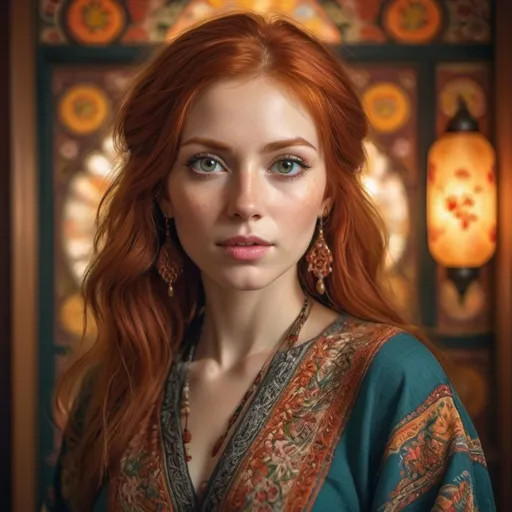 Prompt: (redheaded, grey-eyed woman), portrait, showcasing unique features and beautiful mix of Persian, Russian, and Japanese heritage, captivating expression, intricate patterns in her clothing, warm vibrant colors, soft lighting highlighting her face, lush background evoking an exotic ambiance, emotional depth, ultra-detailed, 4K resolution, enchanting atmosphere.