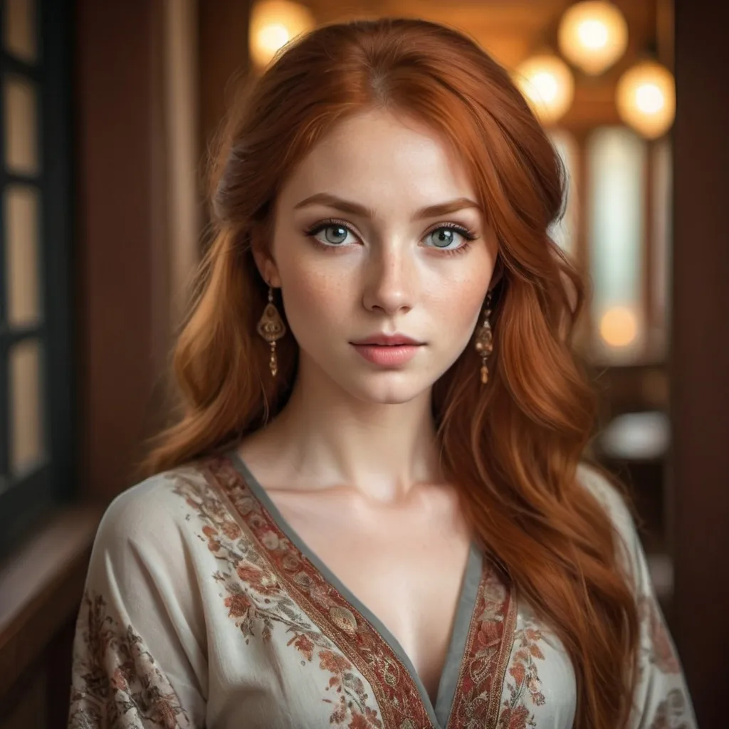 Prompt: (central content: beautiful redhead woman), (grey eyes), mixed cultural heritage, Persian, Russian, Japanese, elegant clothing, pretty light makeup, fox-like eyes, warm tones, soft lighting, serene atmosphere, ultra-detailed, captivating expression, intricate patterns in clothing, subtle background hints of cultural elements, high quality.