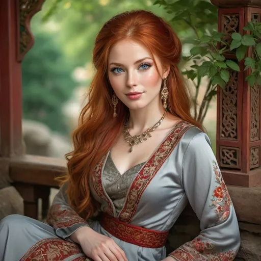 Prompt: (red-headed woman), (grey-eyed) with striking features, expressive eyes, a captivating smile, adorned with an elegant outfit blending traditional Persian, Russian, and Japanese styles, sitting in a beautifully detailed background, lush scenery around her, depicting harmony and grace, vibrant colors, soft lighting, high quality, ultra-detailed, evocative and enchanting ambiance.