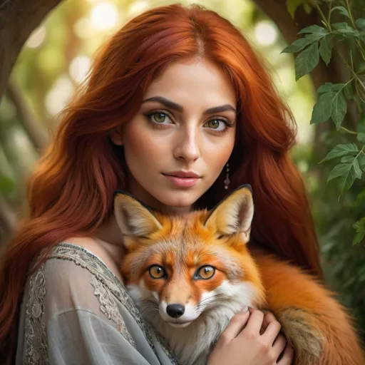 Prompt: A beautiful Persian redhead with Grey eyed while holding a fox in her arms.