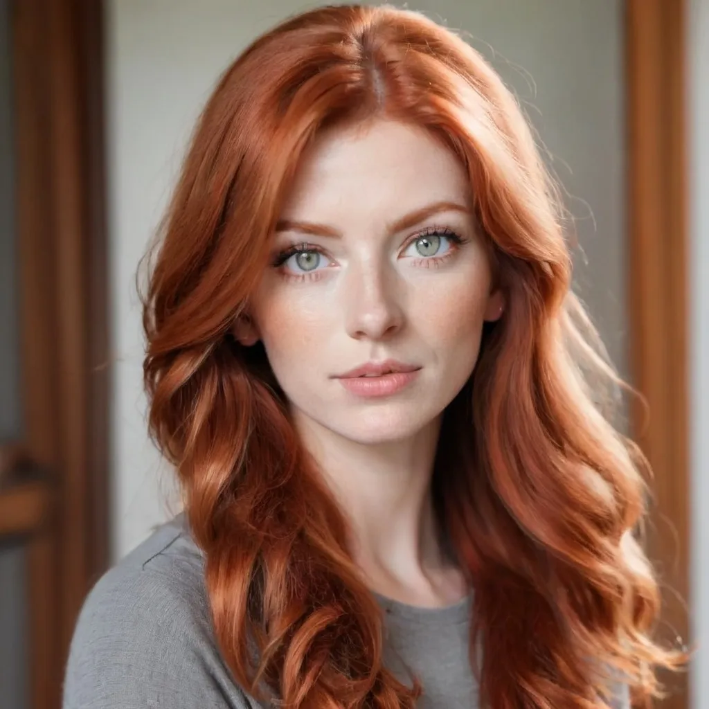 Prompt: A redheaded woman with grey eyes who is half Dutch and half Persian.