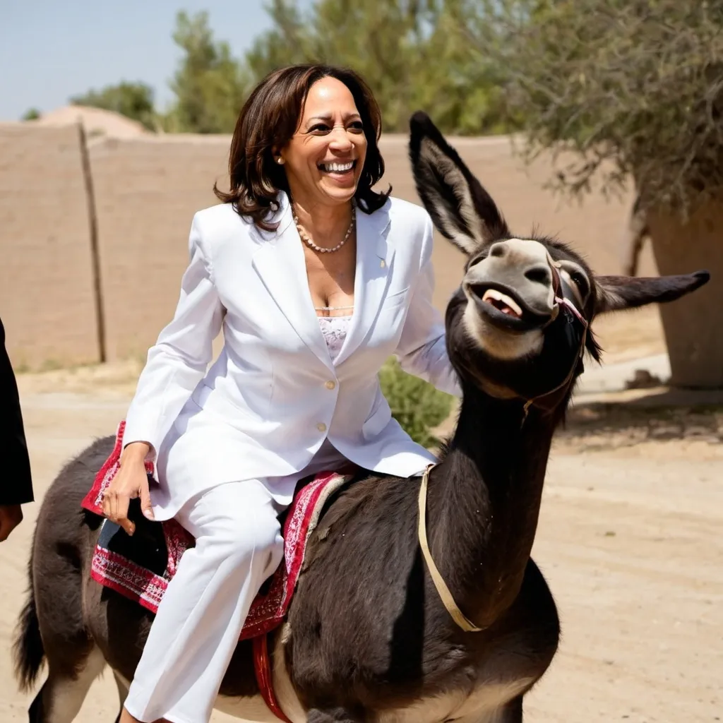 Prompt: Kamala Harris in a nighty, riding a donkey, and laughing.

