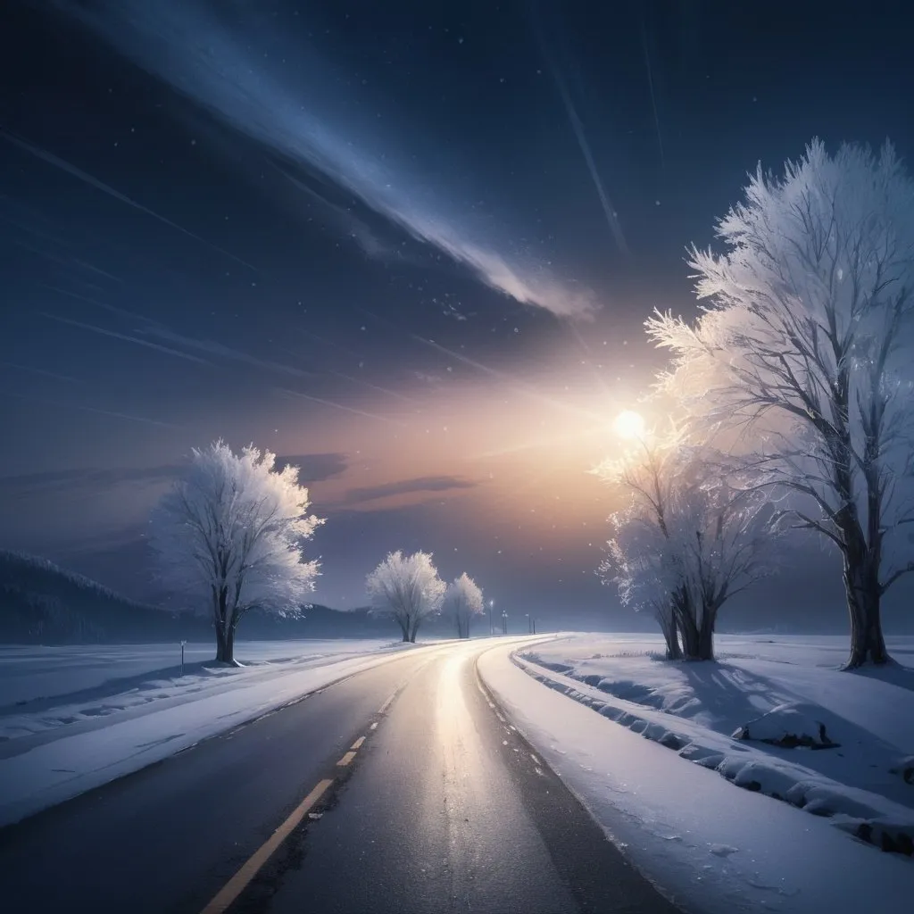 Prompt: A night sky, ice, snow, road, sunlight, andscape, high quality, realistic, winter, serene, cold tones, atmospheric lighting