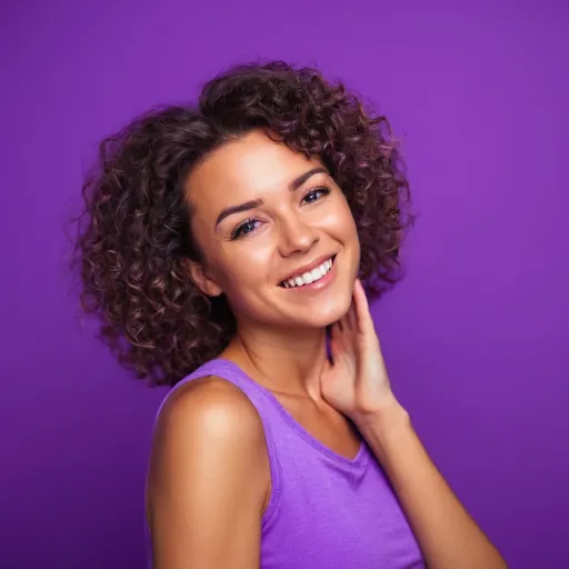 Prompt: happy female on purple background
