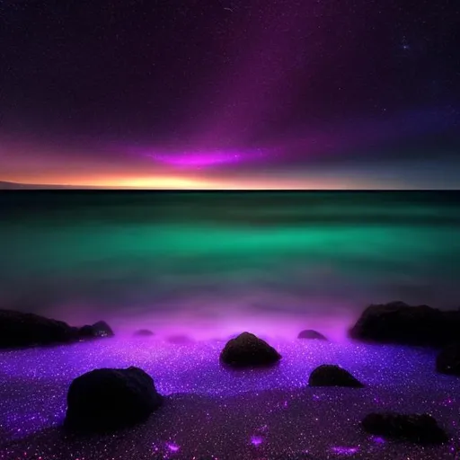 Prompt: A view of a beach, bright lights glowing in the water, purple borealis, planet on the horizon

