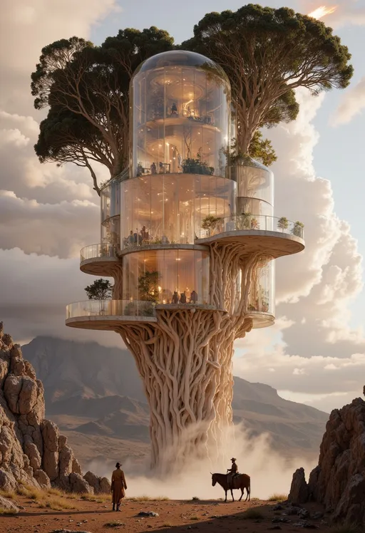 Prompt: The Wild West. A mesmerizing architectural spectacle unfolds - an exquisitely crafted glass dwelling nestled upon the floating roots of an age-old levitating willow tree. The building features undulating transparent walls and elaborate trellis supports, elegantly blending contemporary minimalism with organic contours. Delicate pastel shades from a receding sun blend seamlessly with otherworldly fog and shimmering bioluminescent spheres, crafting an entrancing dance of warm and cool tones. Refined textures, razor-sharp 8k resolution, and masterpiece detailing underscore the harmonious melding of forward-thinking geometry and natural magnificence. A tranquil atmosphere of avant-garde creativity and mystical enchantment pervades this scene, conjuring up visions of a peaceful, alien haven nestled among fluid natural forms and surreal spatial arrangements..In the background, there is an explosion of a huge volcano, a huge column of black smoke and ash soars into the sky, burning lumps of lava fly. A column of ash rises into the stratosphere. The bison are scared and running, the Indians are kneeling on the ground in confusion with their hands above their heads..,  in the style of cksc,   The overall composition feels cinematic,  iridescent lens flare. Frank Frazetta, (Depth of field), , detail. mythp0rt, Stylish, charismatic.