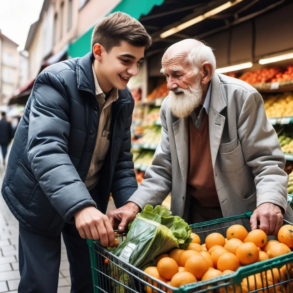 Prompt: The image of a young man helping an old man. It helps him to do his shopping. Market environment