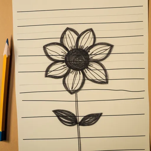 Prompt: a drawing of a flower on a piece of lined paper with a pencil in it's center and a shadow of a person's head, Bela Čikoš Sesija, academic art, flowers, a child's drawing