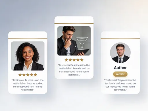Prompt: **Style:** Professional website testimonial section mockup
**Layout:** Three floating cards with subtle shadows
**Card 1:** Professional headshot of smiling African-American businesswoman (30s), 5 gold stars below, quote text placeholder
**Card 2:** Businessman looking at funnel diagram on tablet, thoughtful expression, 5 stars
**Card 3:** Author photo placeholder (you) - professional shot, "Author" badge
**Background:** Soft gradient background, light grey to white
**Card Design:** Clean white cards with subtle border, gold accent line at top
**Text Placeholders:** Leave space for testimonial quotes and names
**Aspect Ratio:** 16:9 (wide section)