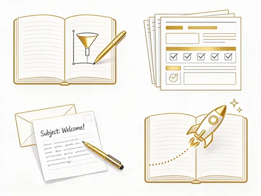 Prompt: **Icon 1 - Planning:**
"Minimalist line art icon, gold pen writing on open notebook, simple funnel diagram being drawn, clean white background, professional, vector style"

**Icon 2 - Templates:**
"Stack of printable worksheet templates with fillable fields, checkboxes, simple illustrations, organized layout, gold accents, clean design"

**Icon 3 - Emails:**
"Handwritten email draft on paper, showing 'Subject: Welcome!' and short body text, pen beside it, simple and human"

**Icon 4 - Launch:**
"Stylized rocket taking off from notebook page, upward trajectory with dotted line path, small star elements, gold rocket, clean illustration"

**Consistency:** All same style - minimalist line art with gold accent color, white background
**Size:** Square format, 1:1 ratio